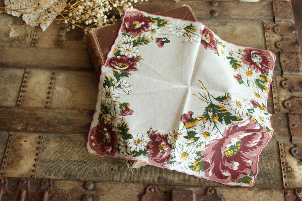 Vintage Brown, Yellow and White Flower Print Cotton Hanky
