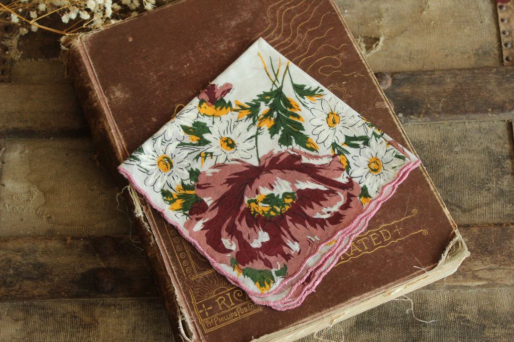 Vintage Brown, Yellow and White Flower Print Cotton Hanky