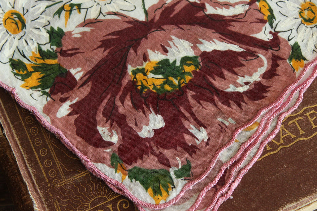 Vintage Brown, Yellow and White Flower Print Cotton Hanky