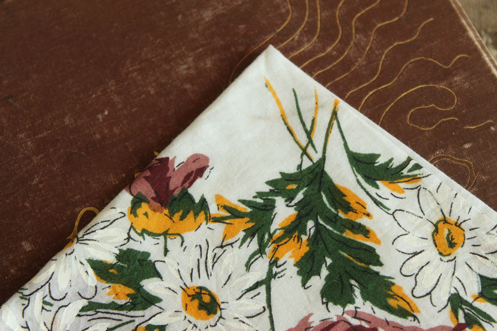 Vintage Brown, Yellow and White Flower Print Cotton Hanky