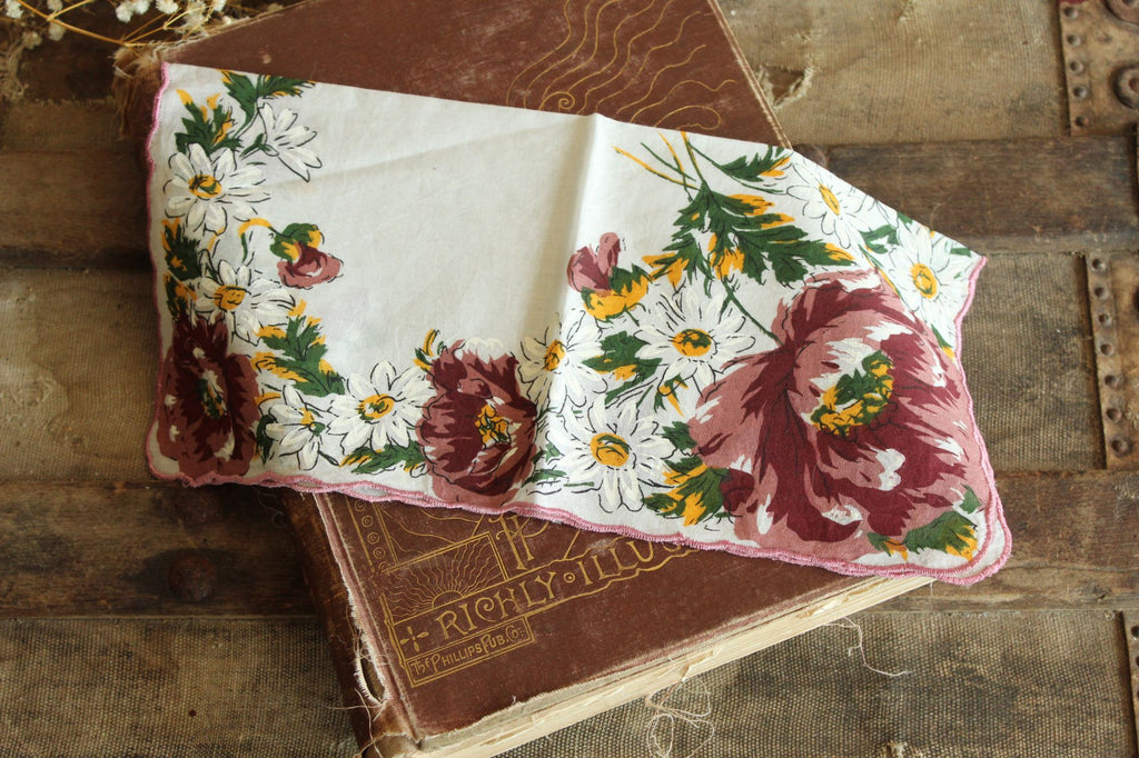 Vintage Brown, Yellow and White Flower Print Cotton Hanky
