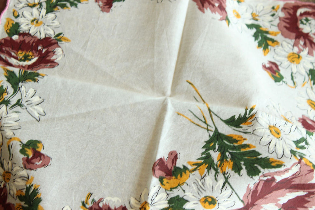 Vintage Brown, Yellow and White Flower Print Cotton Hanky