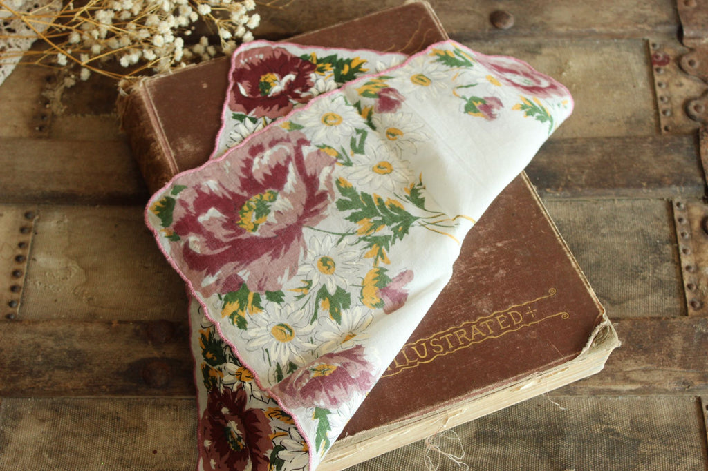 Vintage Brown, Yellow and White Flower Print Cotton Hanky