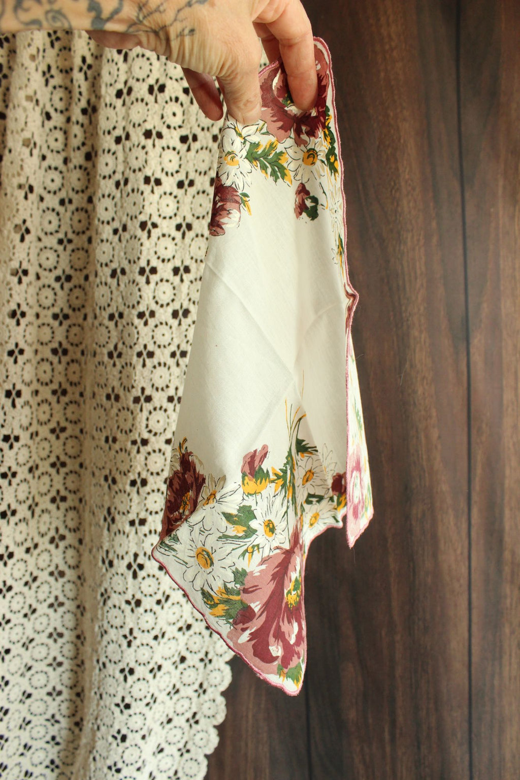 Vintage Brown, Yellow and White Flower Print Cotton Hanky