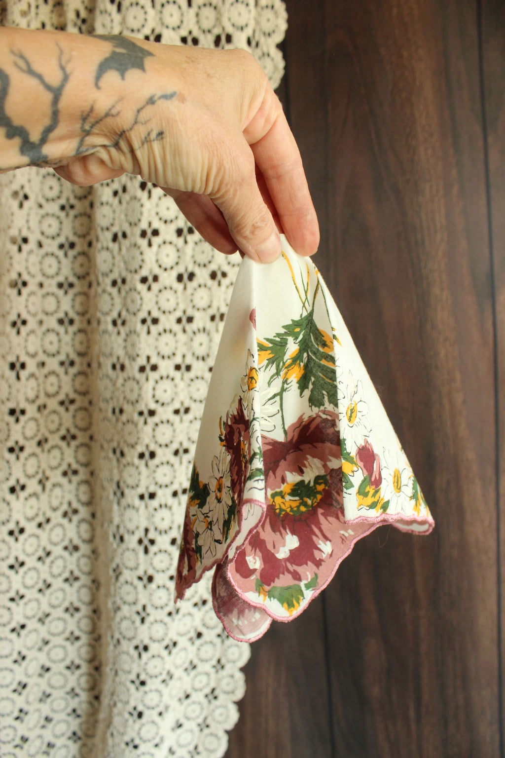 Vintage Brown, Yellow and White Flower Print Cotton Hanky