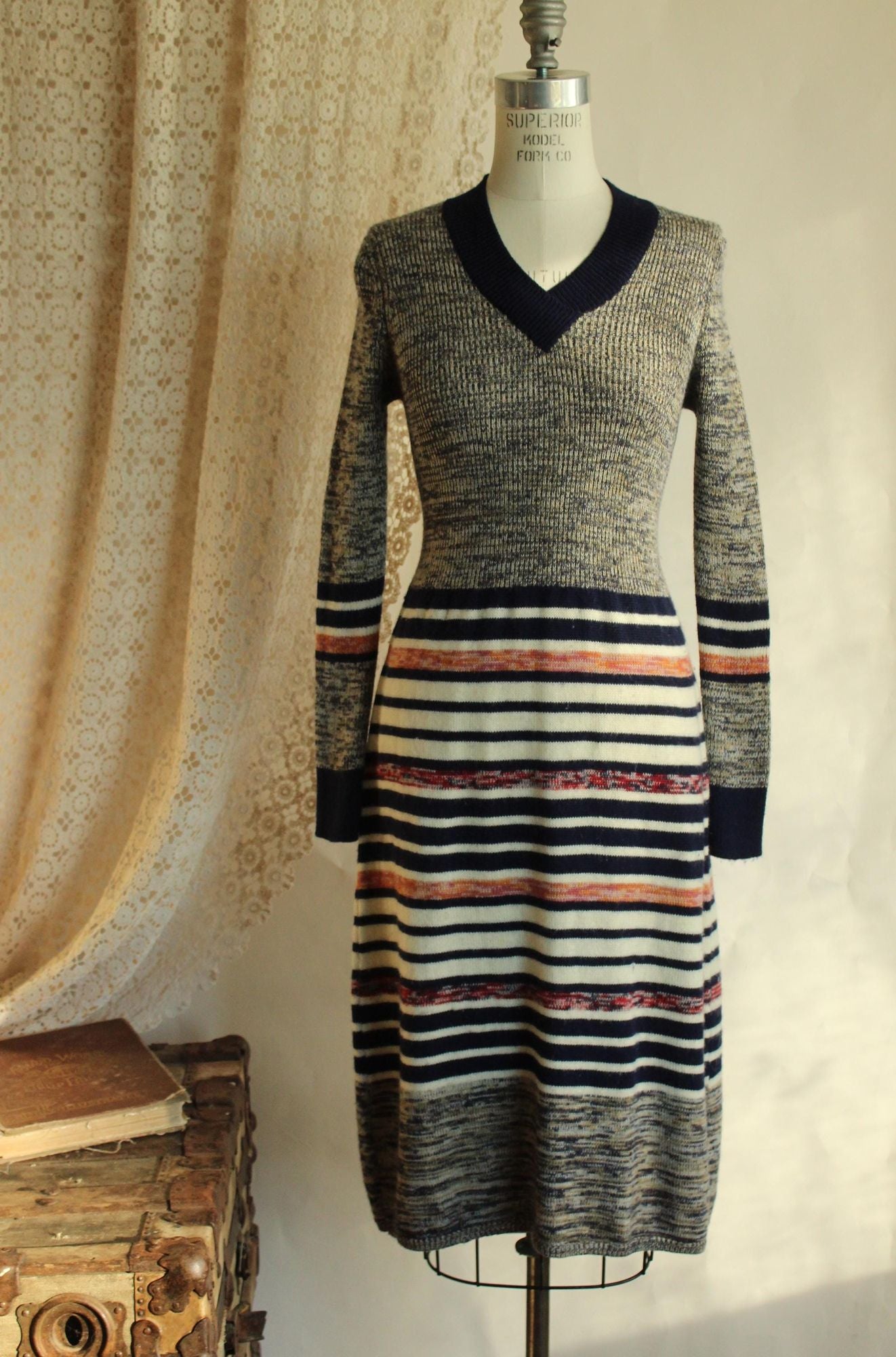 Vintage 1970s Jon Michael Striped Wool Sweater Dress