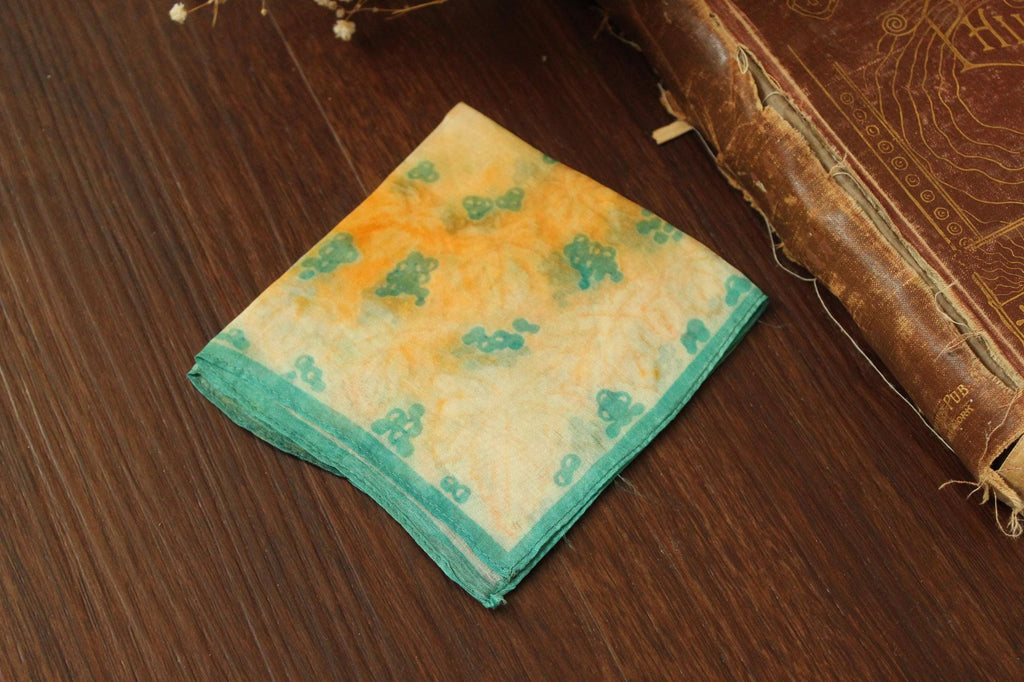 Vintage 1950s Orange and Green Silk with a Leaf Pattern Handkerchief