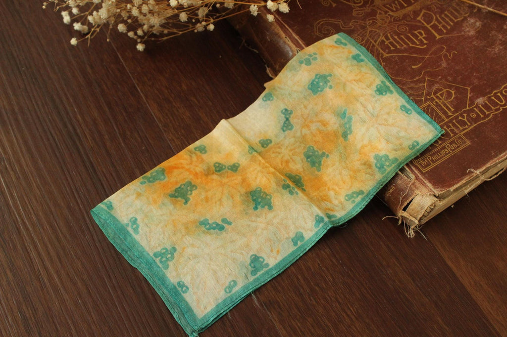 Vintage 1950s Orange and Green Silk with a Leaf Pattern Handkerchief