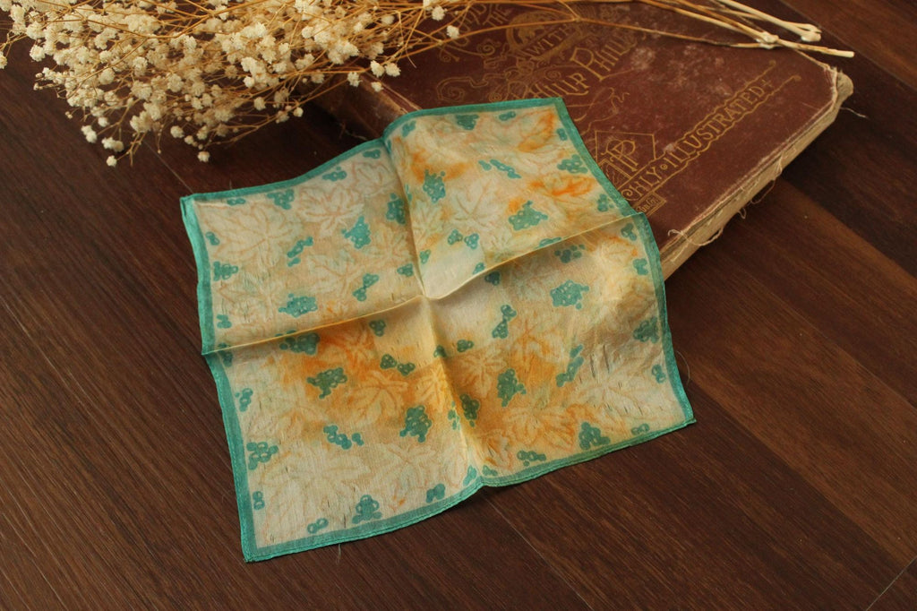 Vintage 1950s Orange and Green Silk with a Leaf Pattern Handkerchief