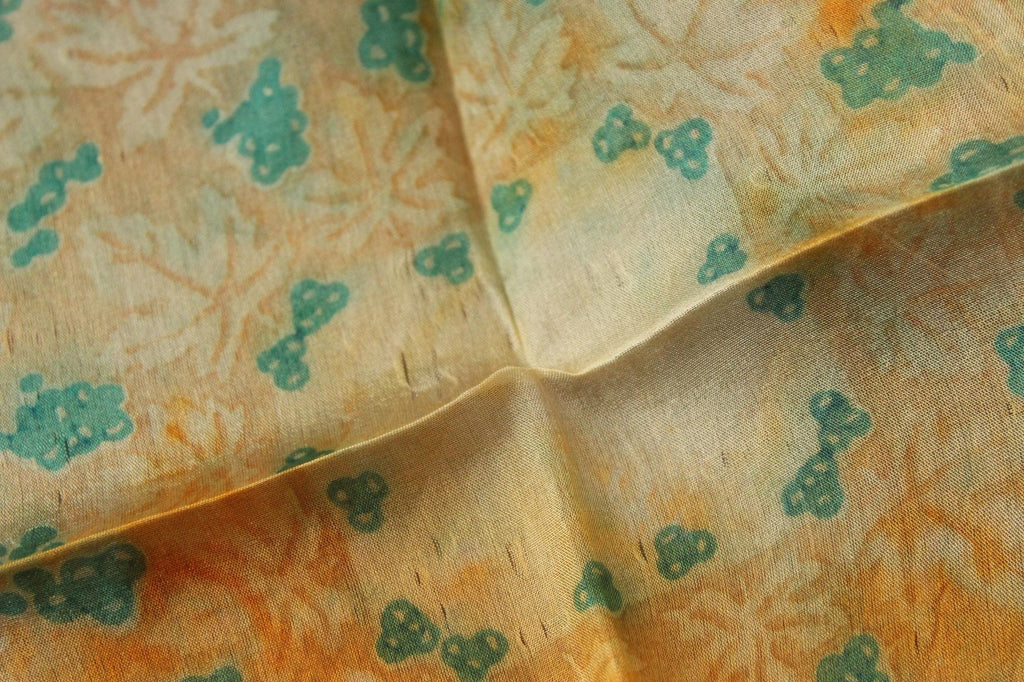 Vintage 1950s Orange and Green Silk with a Leaf Pattern Handkerchief