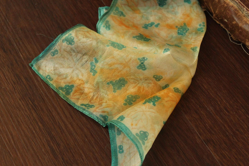 Vintage 1950s Orange and Green Silk with a Leaf Pattern Handkerchief