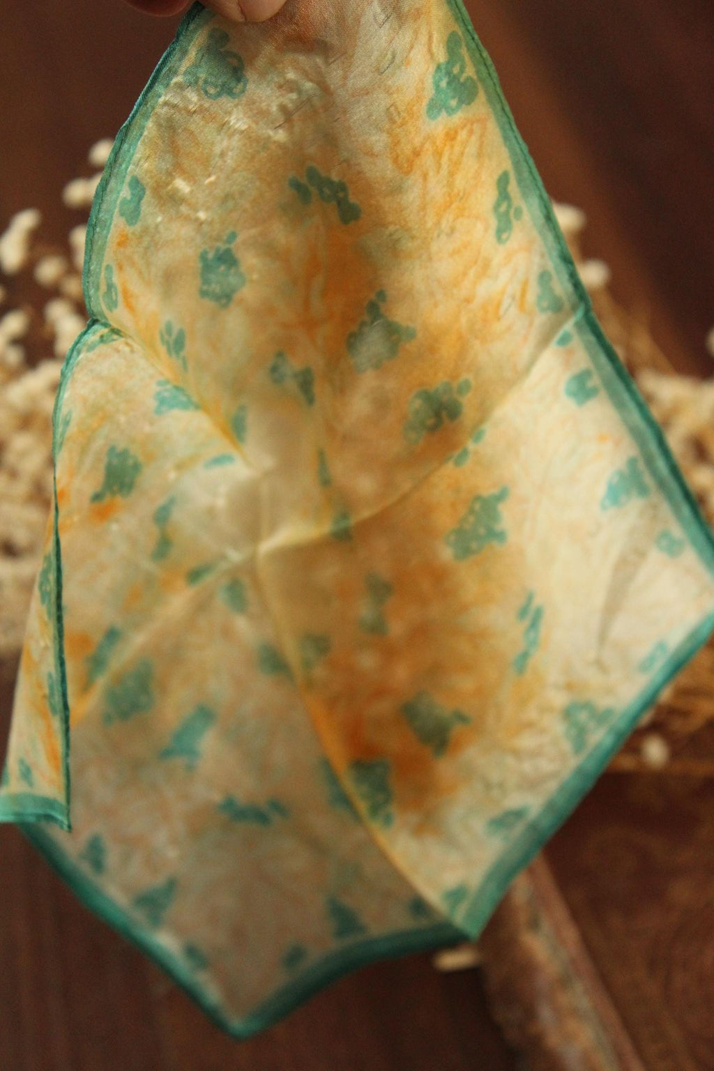 Vintage 1950s Orange and Green Silk with a Leaf Pattern Handkerchief