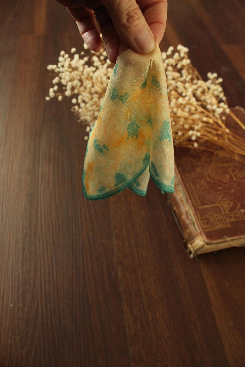 Vintage 1950s Orange and Green Silk with a Leaf Pattern Handkerchief