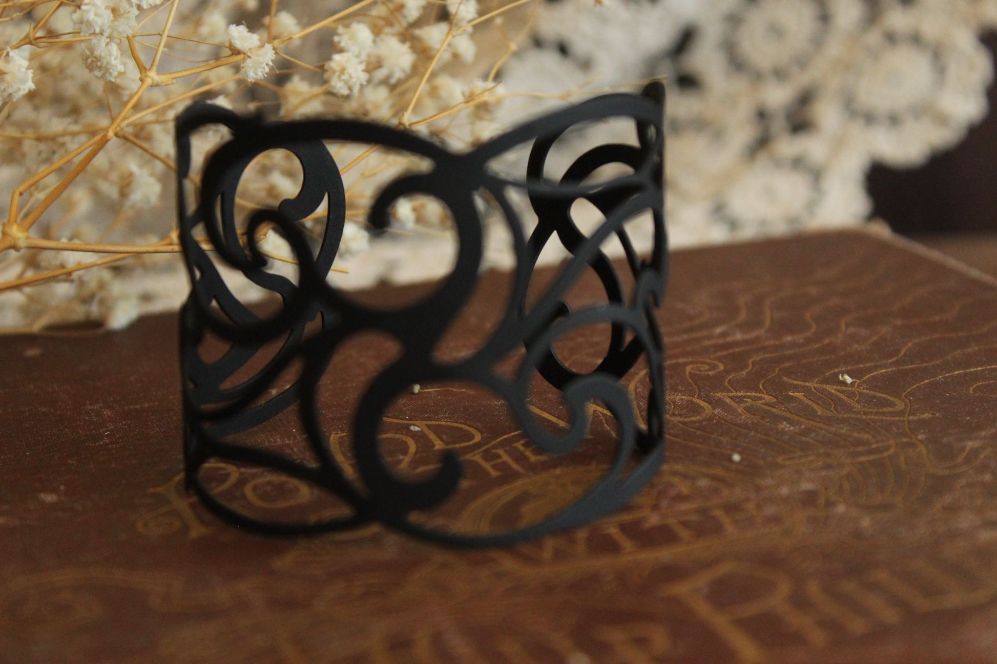 Womens Cuff Bracelet, Black Metal Filigree