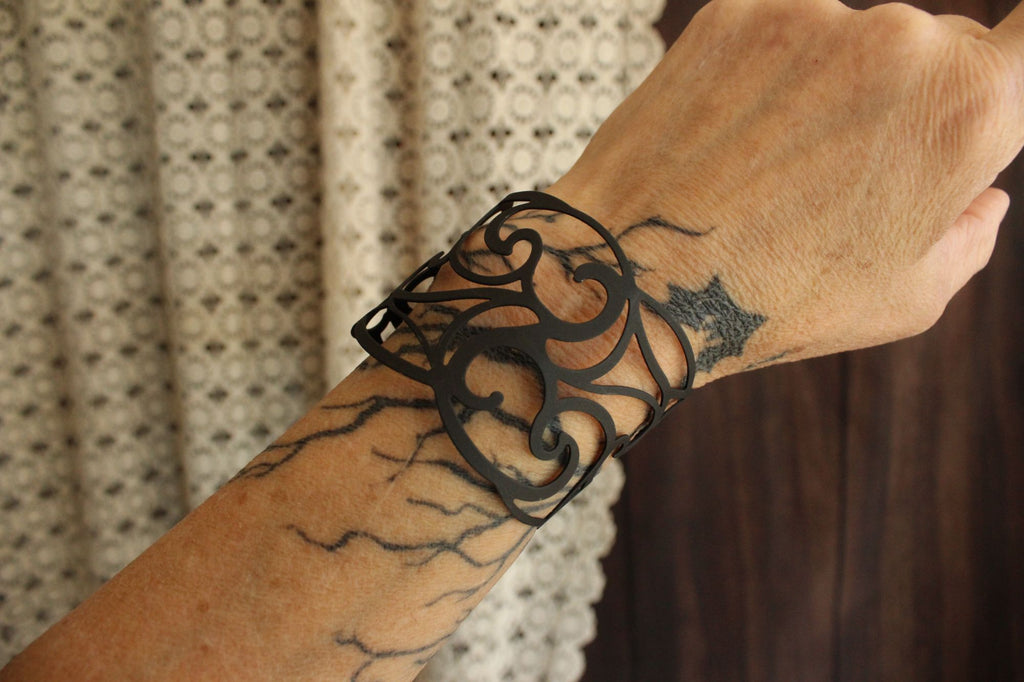 Womens Cuff Bracelet, Black Metal Filigree