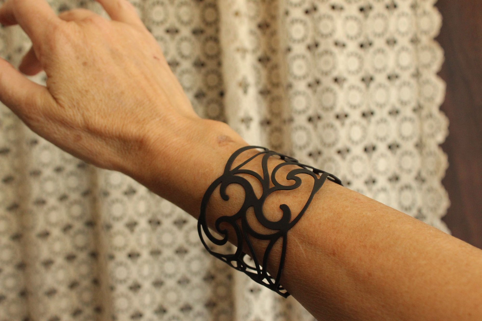 Womens Cuff Bracelet, Black Metal Filigree