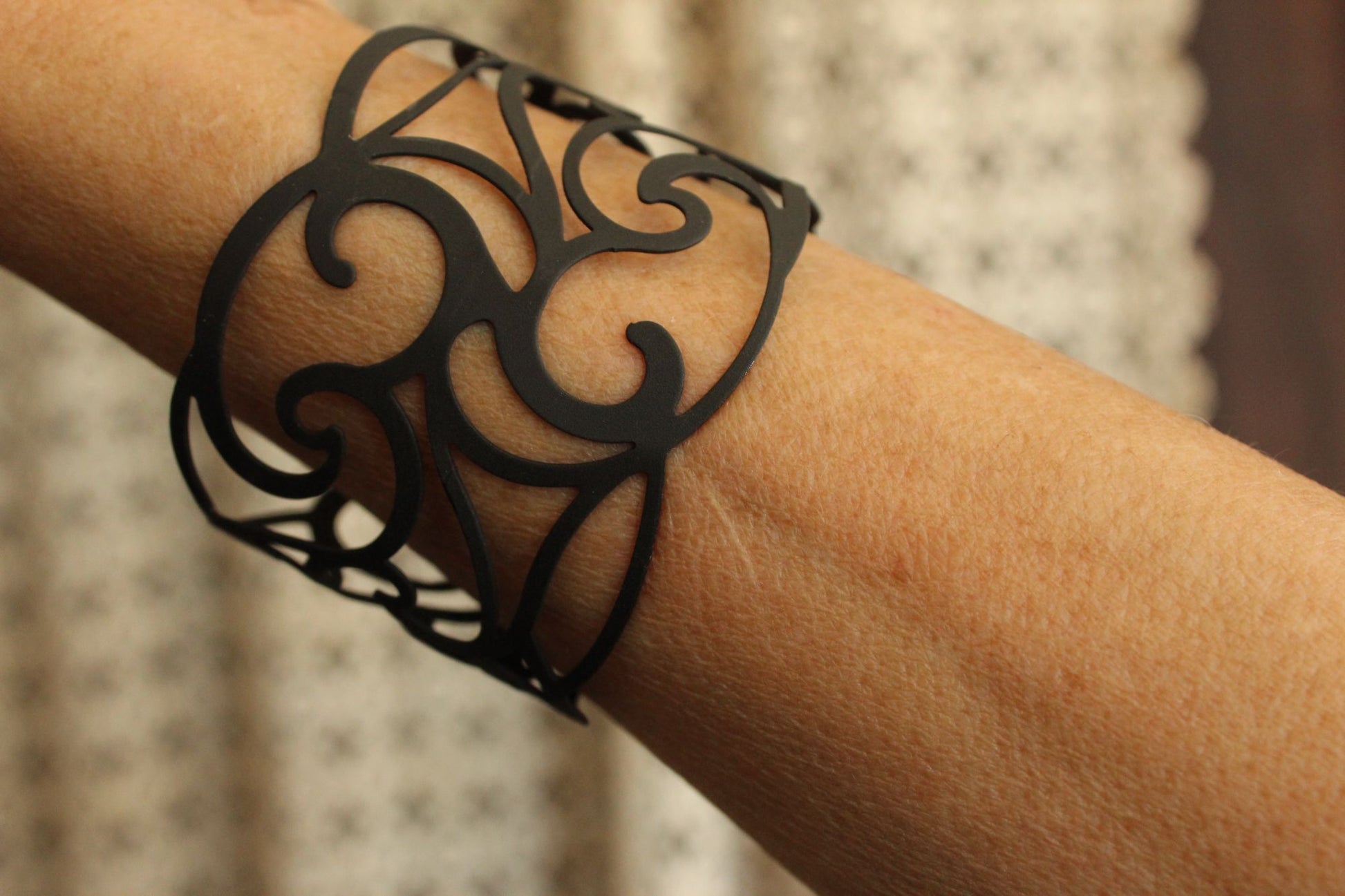 Womens Cuff Bracelet, Black Metal Filigree