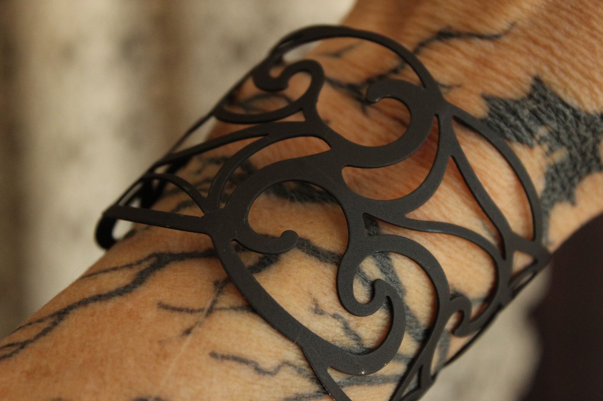 Womens Cuff Bracelet, Black Metal Filigree