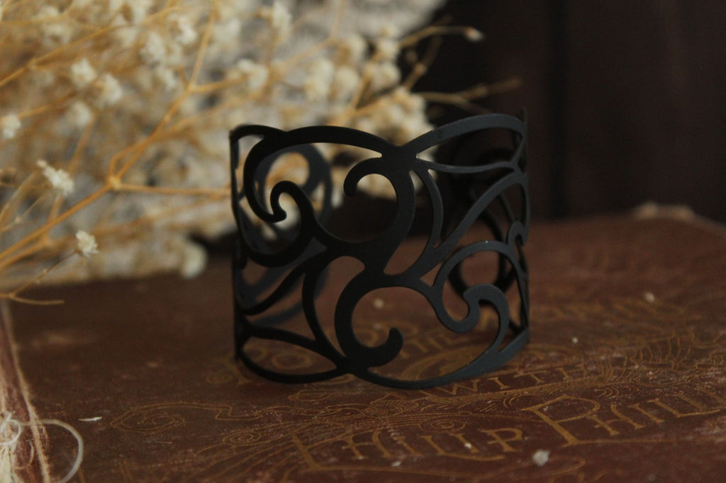 Womens Cuff Bracelet, Black Metal Filigree