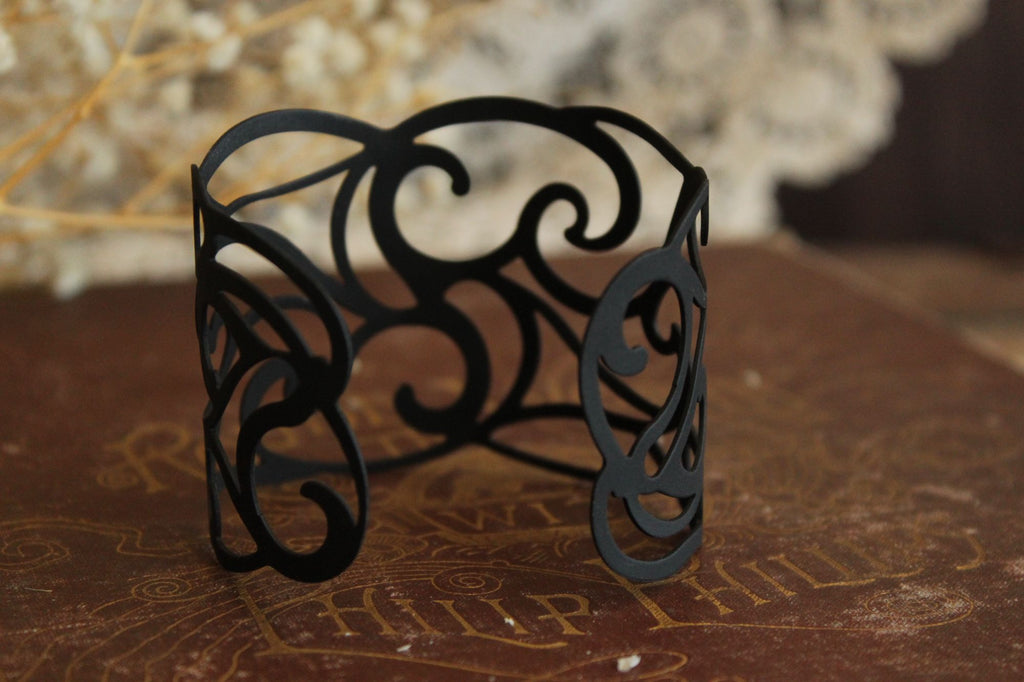 Womens Cuff Bracelet, Black Metal Filigree