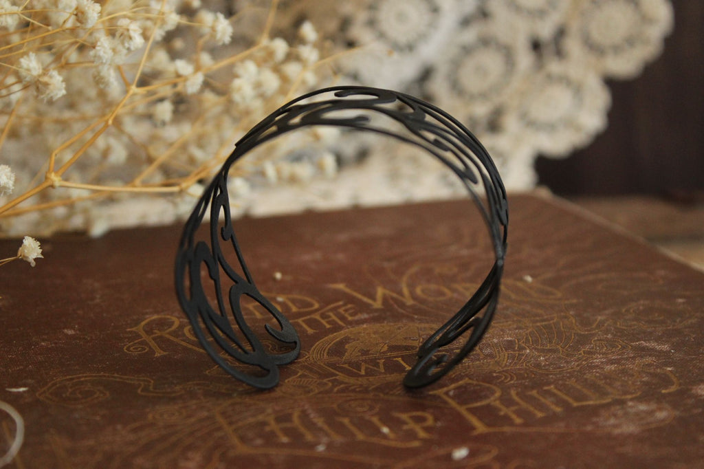 Womens Cuff Bracelet, Black Metal Filigree