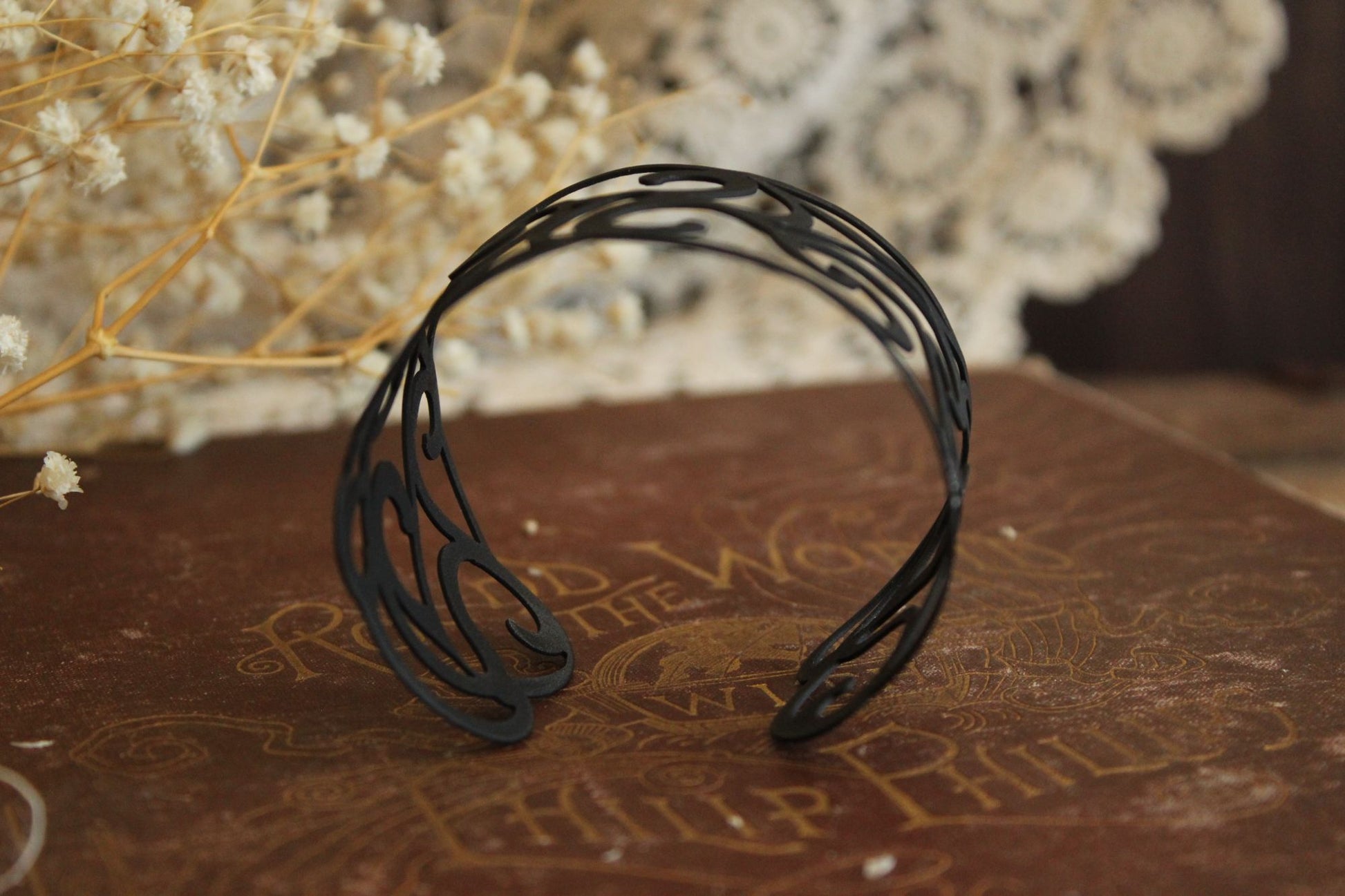 Womens Cuff Bracelet, Black Metal Filigree