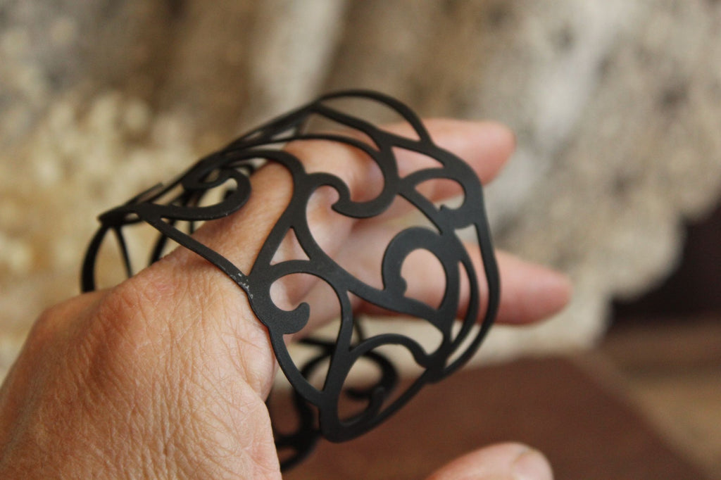 Womens Cuff Bracelet, Black Metal Filigree