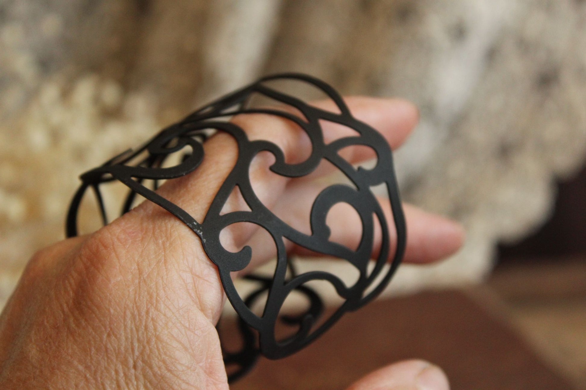 Womens Cuff Bracelet, Black Metal Filigree