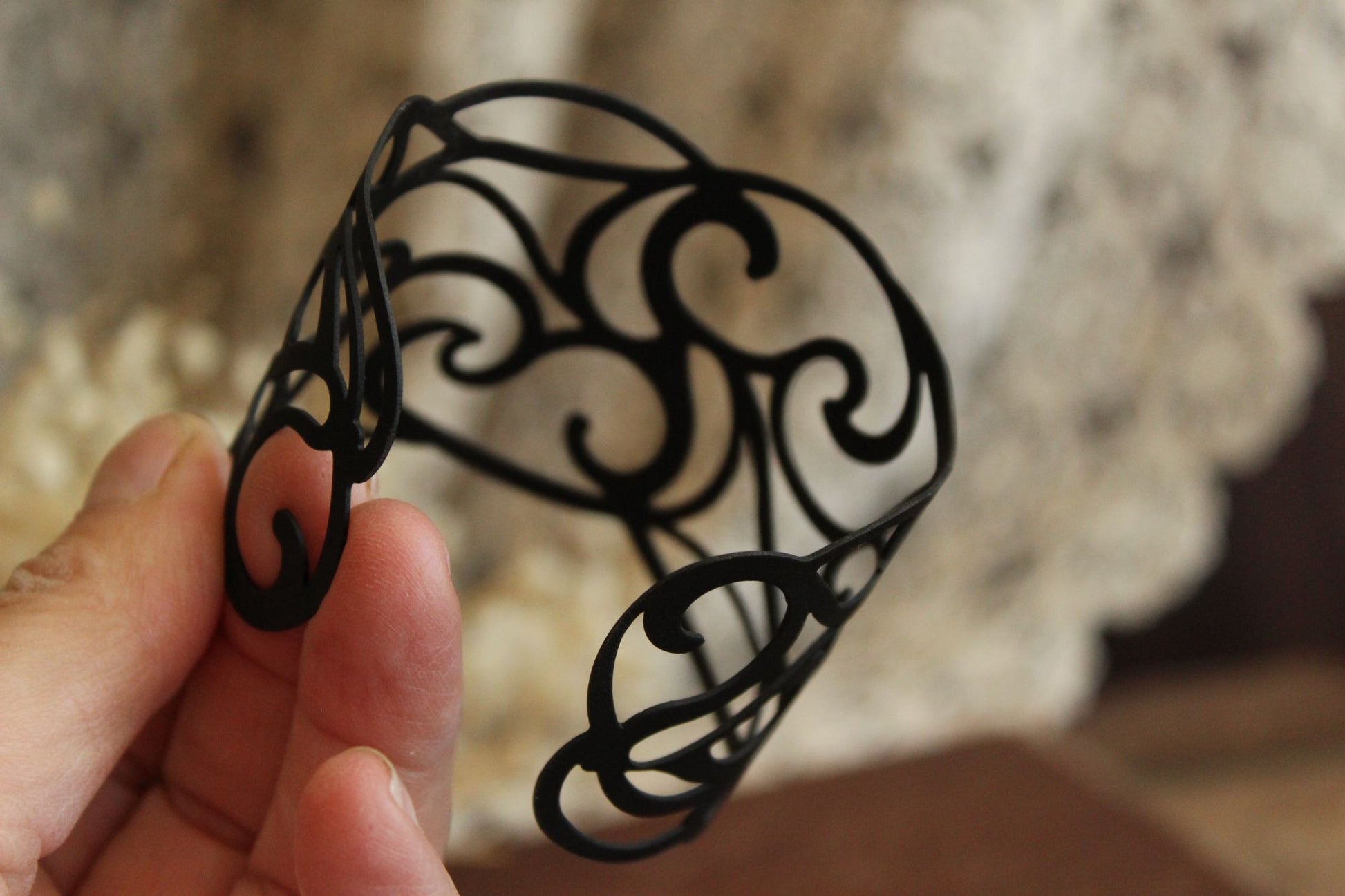 Womens Cuff Bracelet, Black Metal Filigree