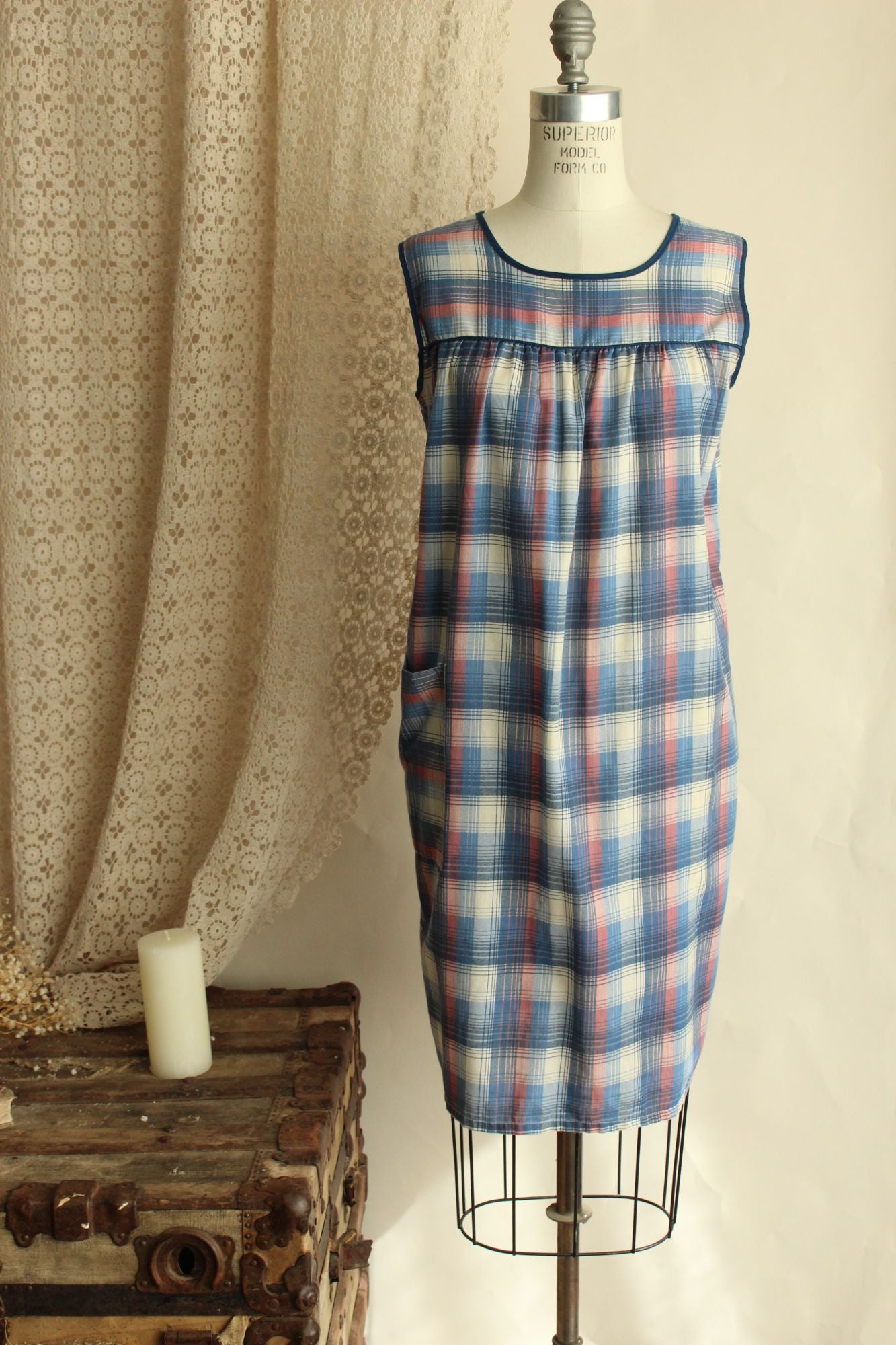 Vintage 1960s 1970s Tartan Shift Dress with Pocket