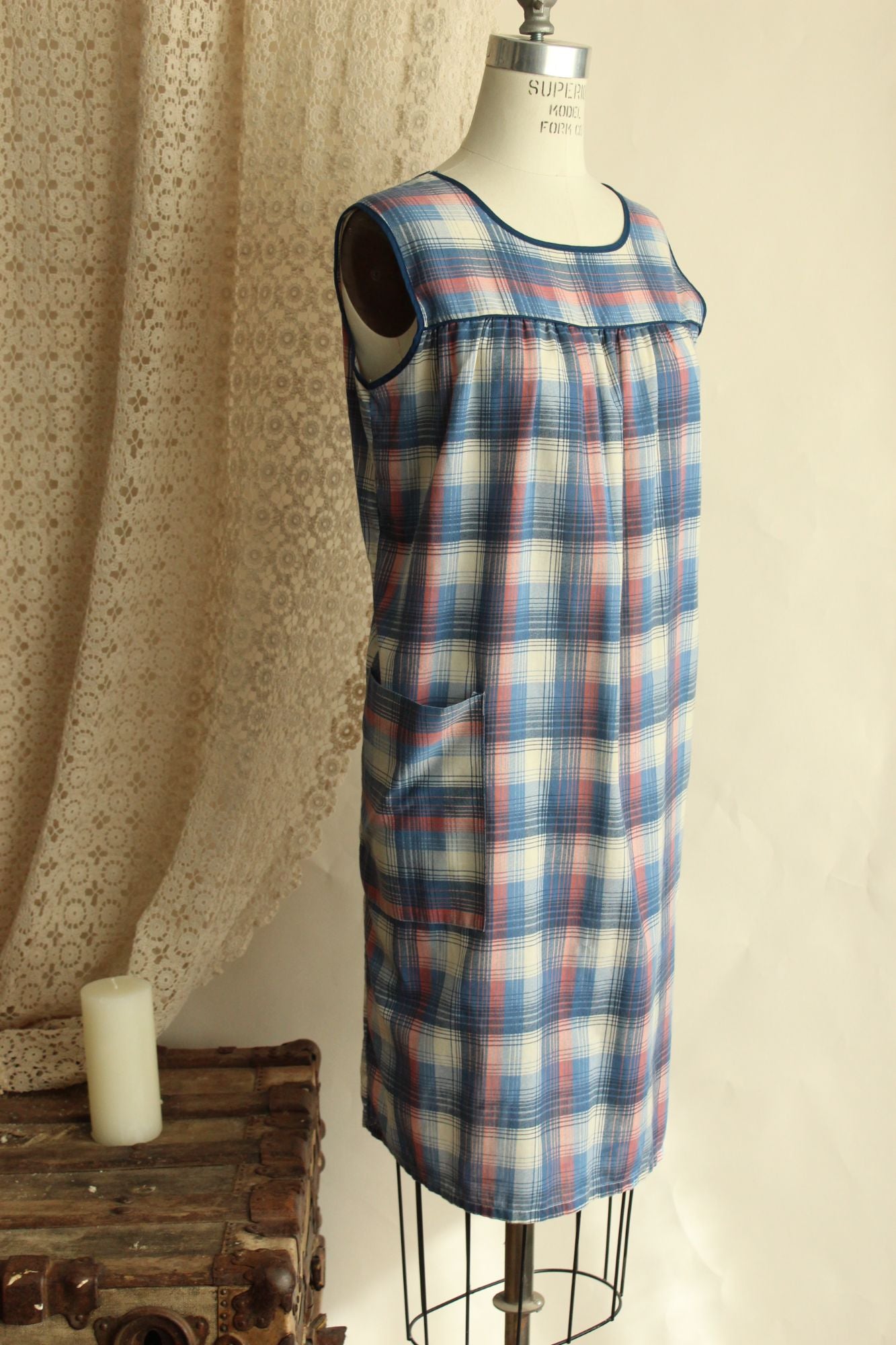 Vintage 1960s 1970s Tartan Shift Dress with Pocket