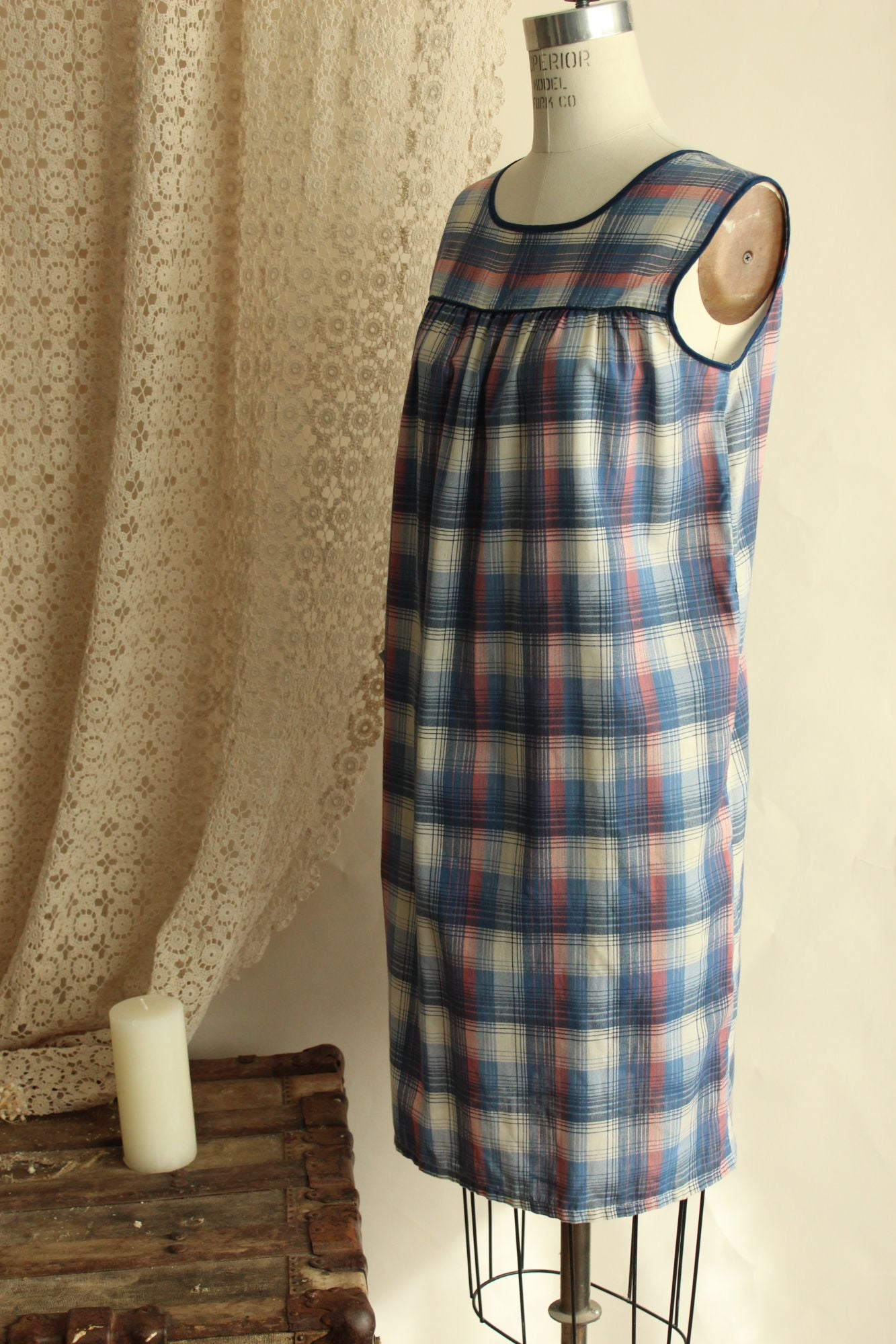 Vintage 1960s 1970s Tartan Shift Dress with Pocket