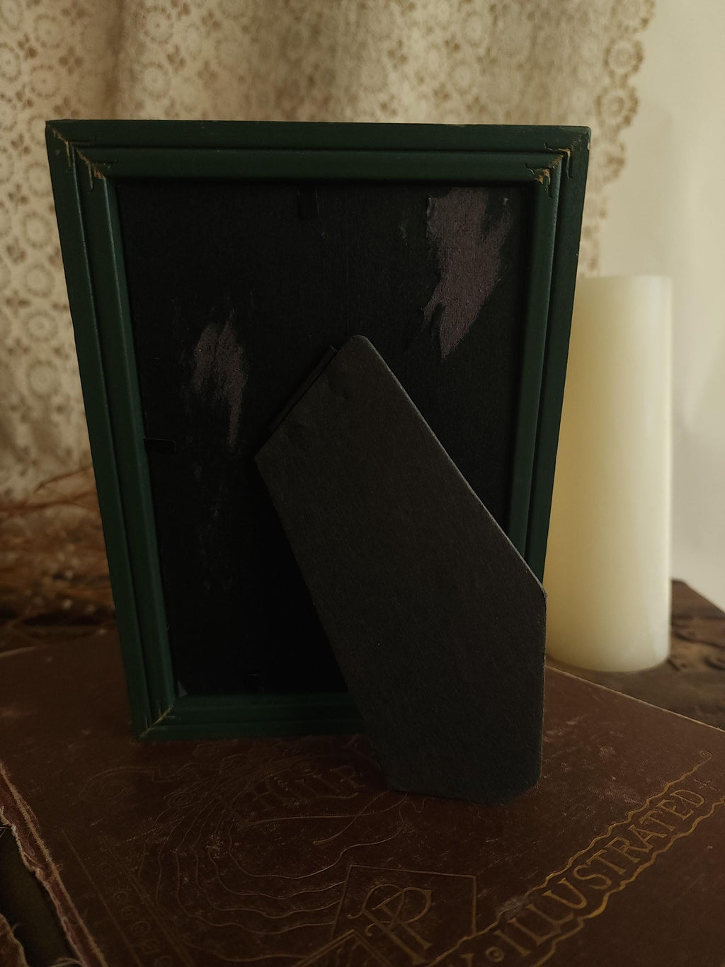Pressed Dried Queen Annes Lace in a Vintage Style Green Wood Frame