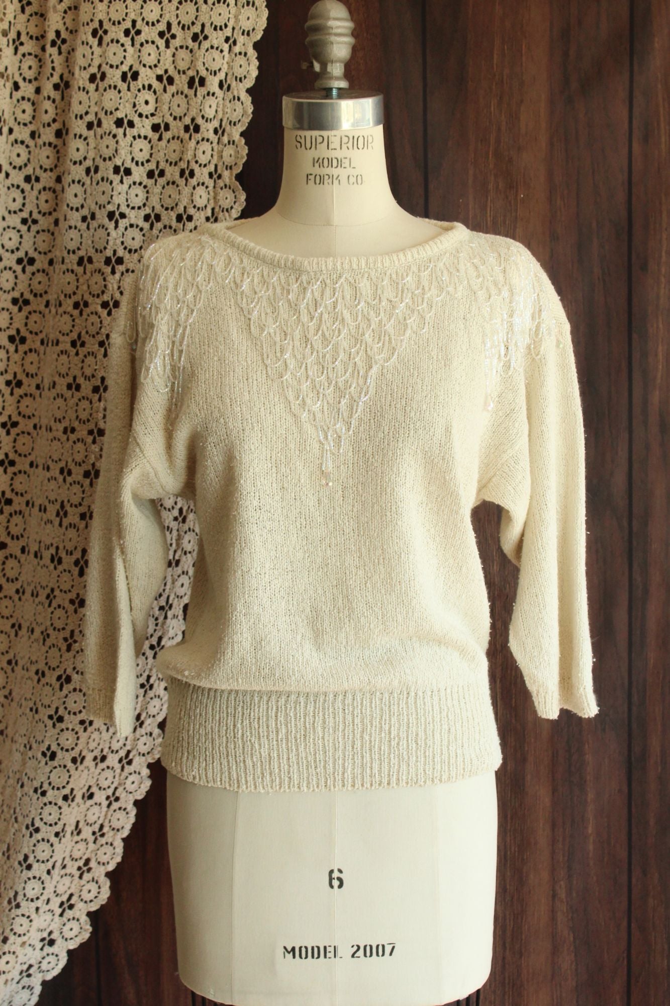 Vintage 1980s Bonnie Boerer Ivory Shoulder with Fringed Beading