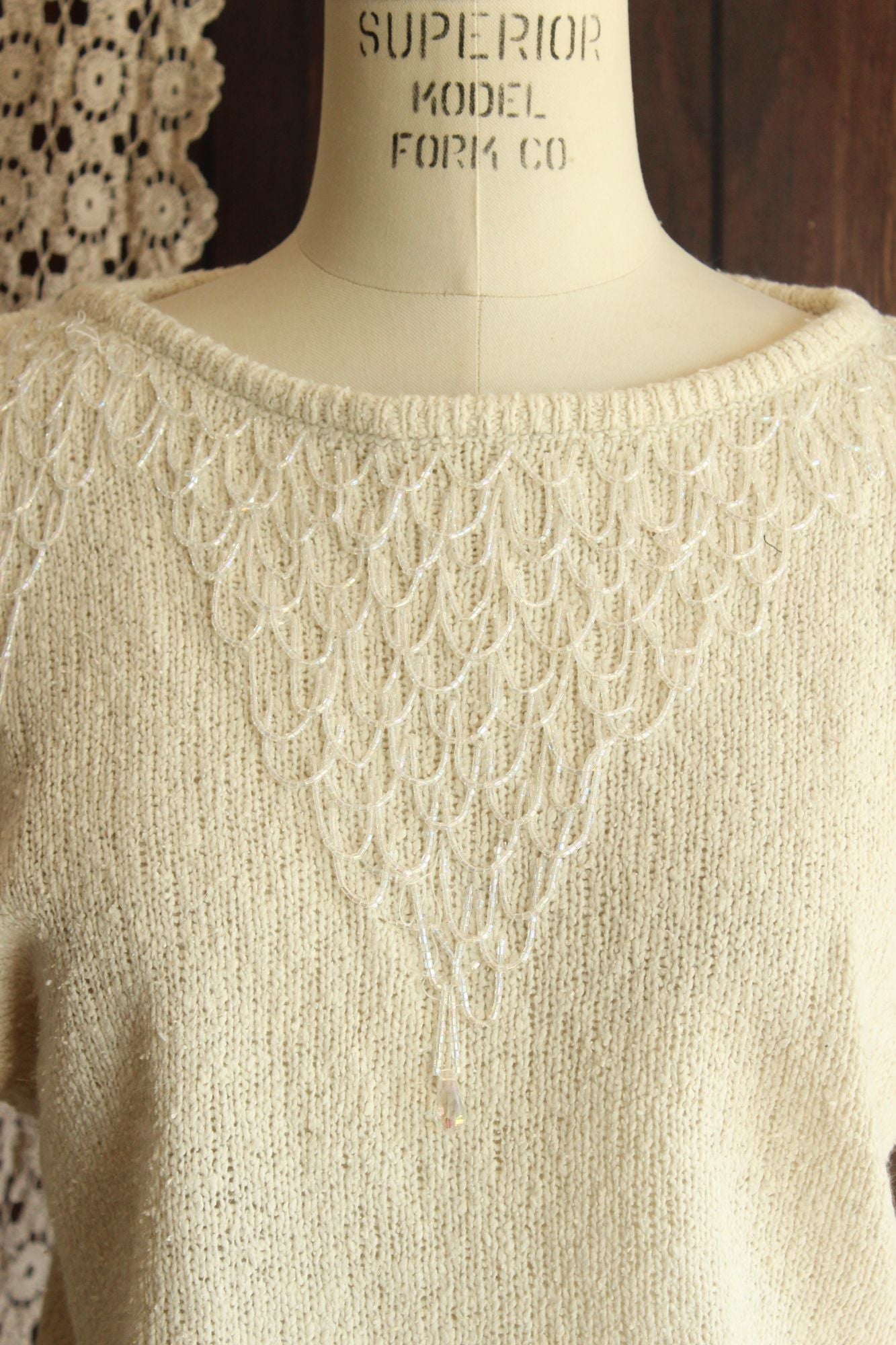 Vintage 1980s Bonnie Boerer Ivory Shoulder with Fringed Beading