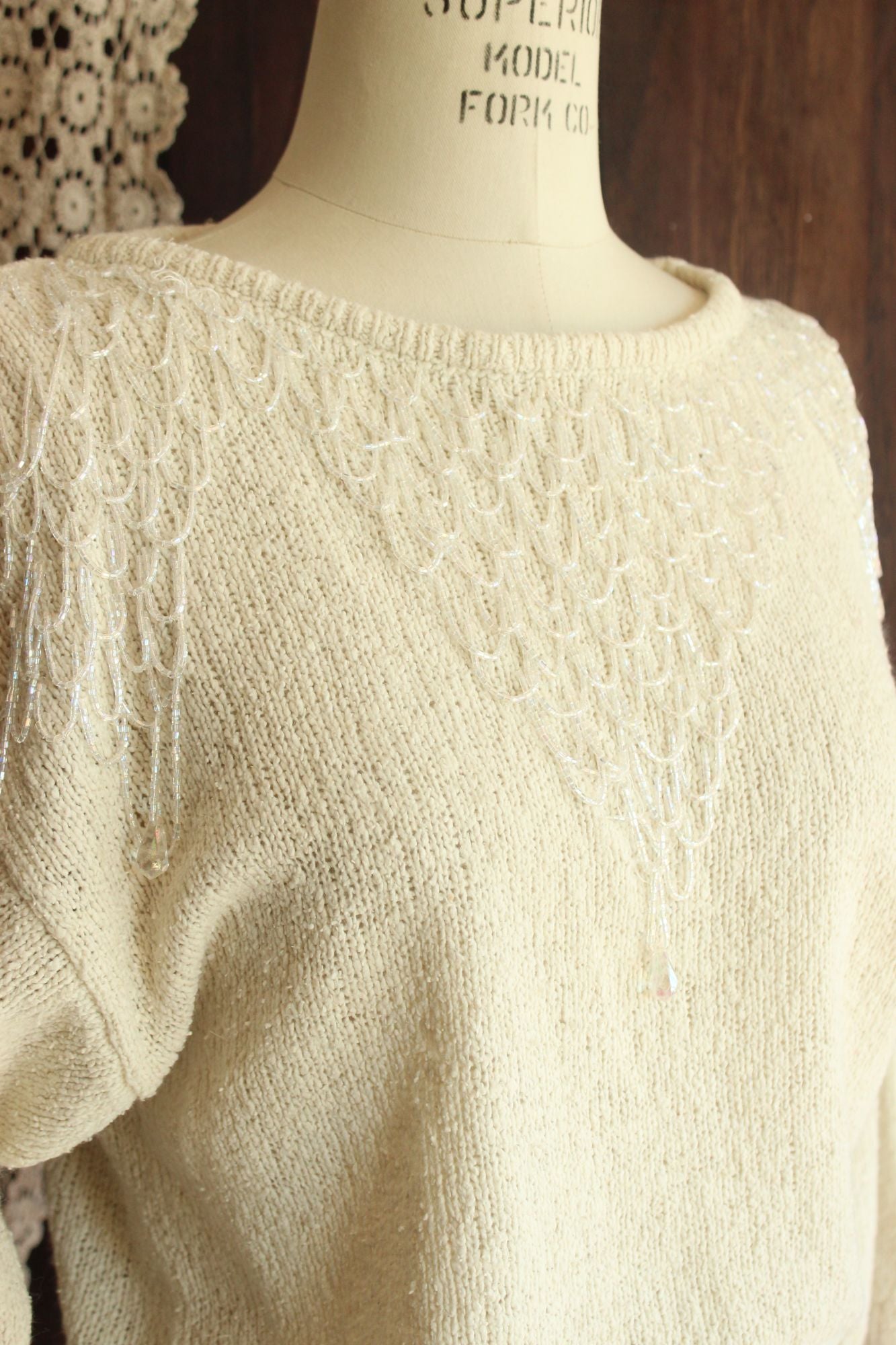 Vintage 1980s Bonnie Boerer Ivory Shoulder with Fringed Beading