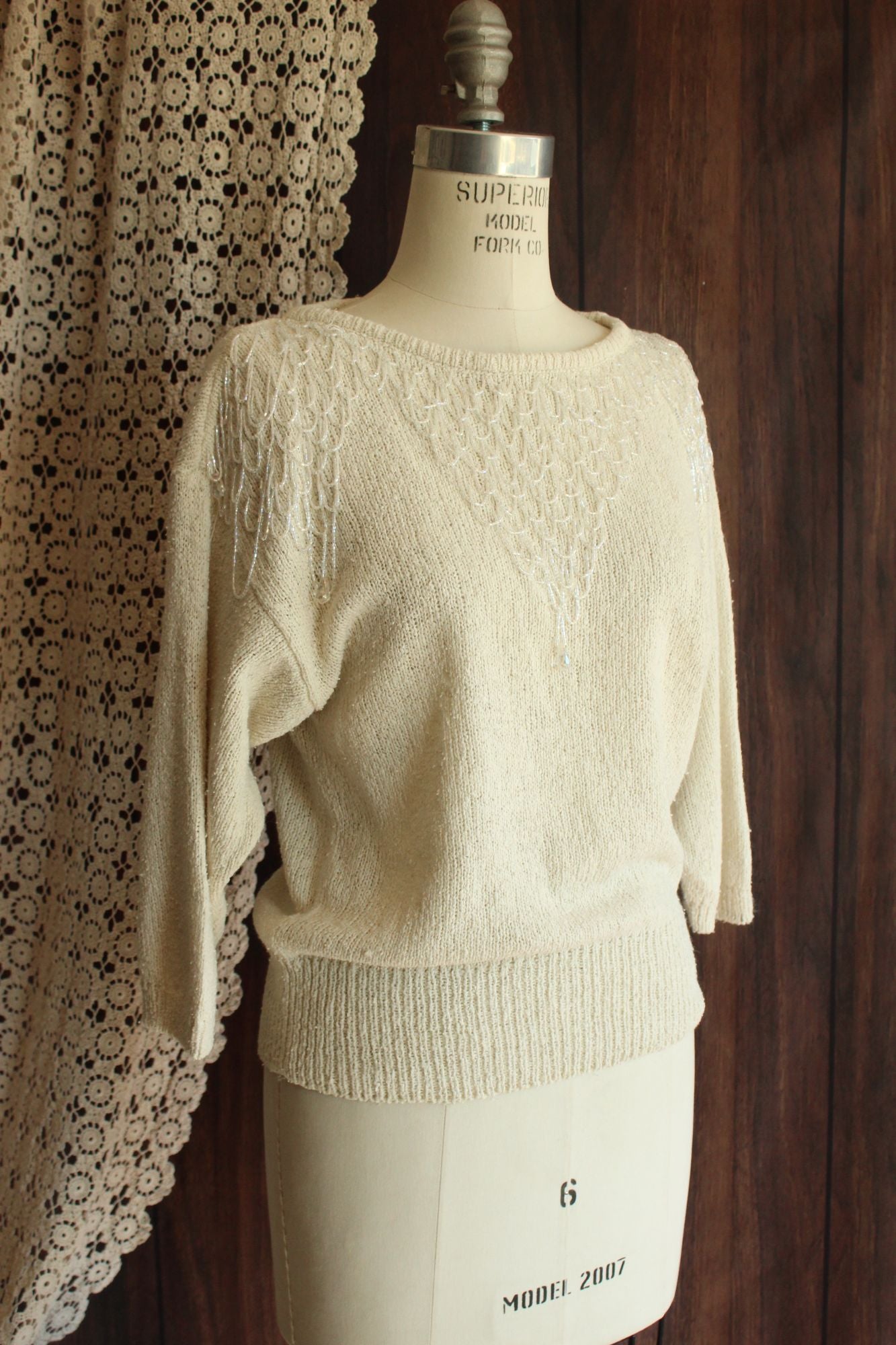 Vintage 1980s Bonnie Boerer Ivory Shoulder with Fringed Beading