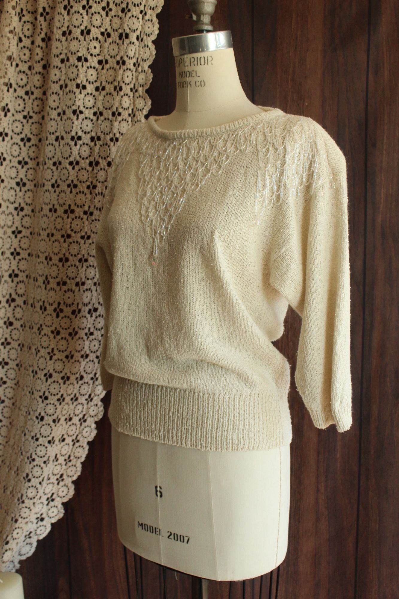 Vintage 1980s Bonnie Boerer Ivory Shoulder with Fringed Beading