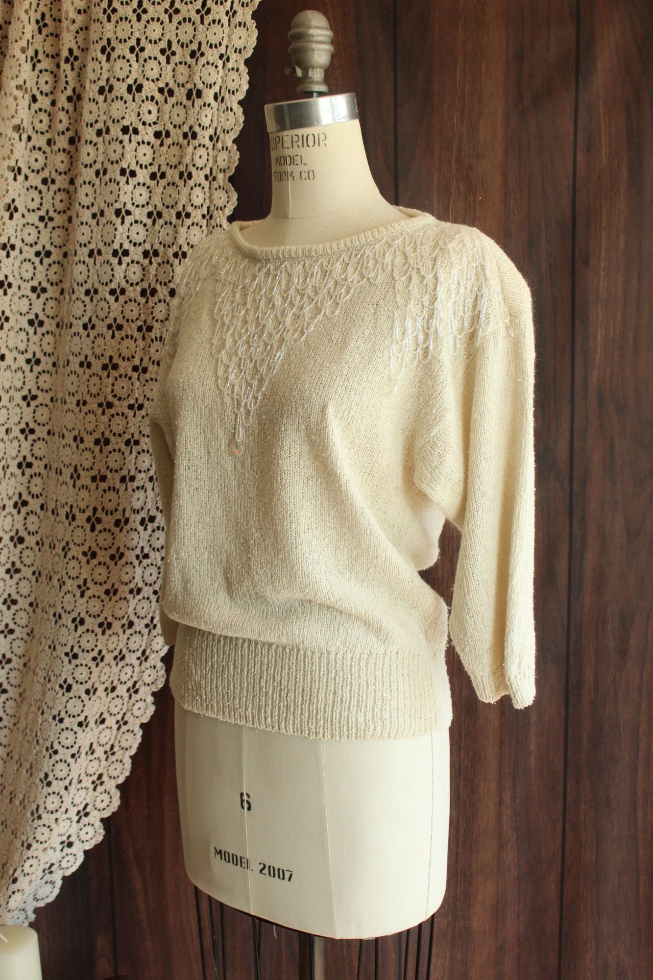 Vintage 1980s Bonnie Boerer Ivory Shoulder with Fringed Beading