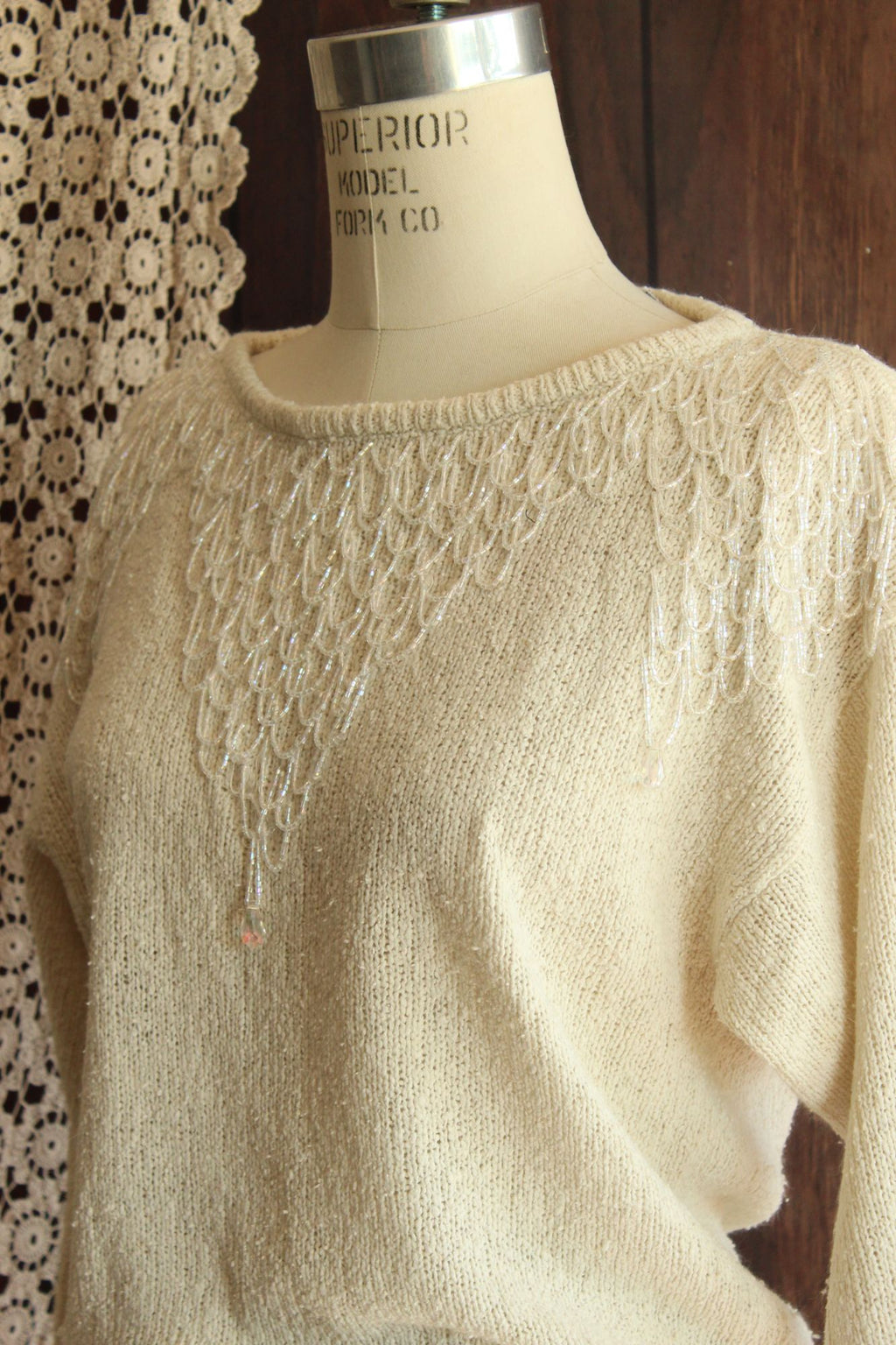 Vintage 1980s Bonnie Boerer Ivory Shoulder with Fringed Beading