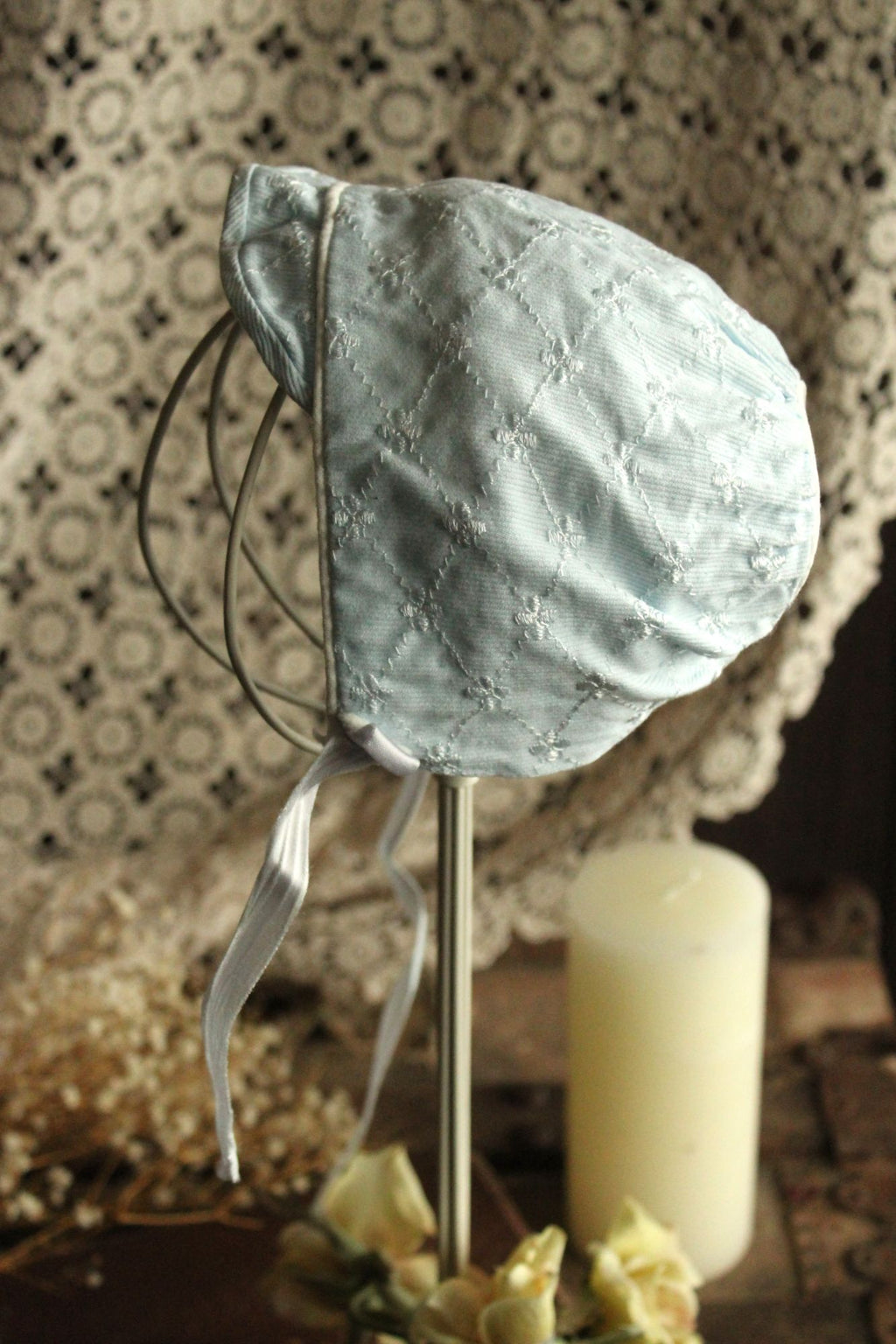 Vintage 1950s Pale Blue Embroidered Cotton Baby Bonnet