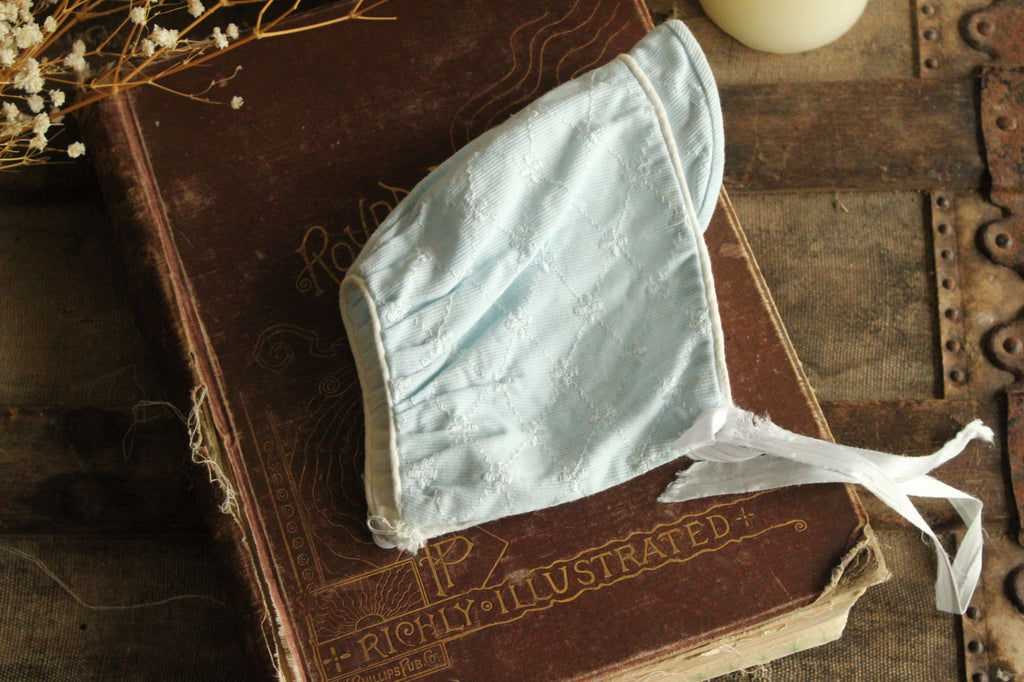 Vintage 1950s Pale Blue Embroidered Cotton Baby Bonnet