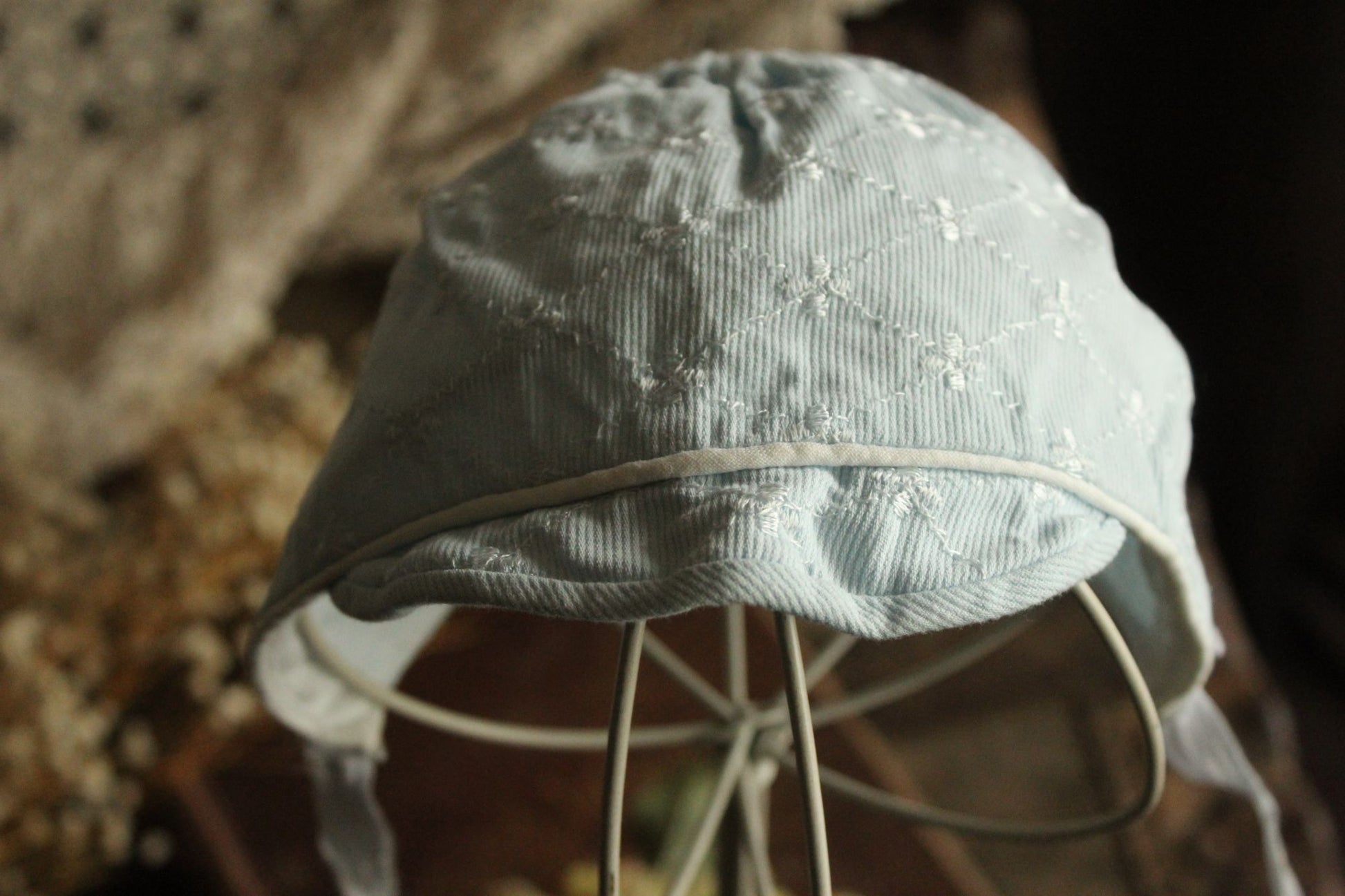 Vintage 1950s Pale Blue Embroidered Cotton Baby Bonnet