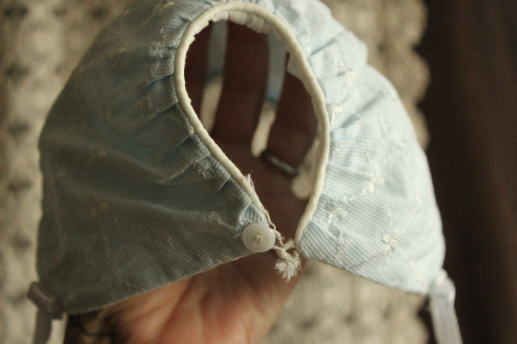 Vintage 1950s Pale Blue Embroidered Cotton Baby Bonnet