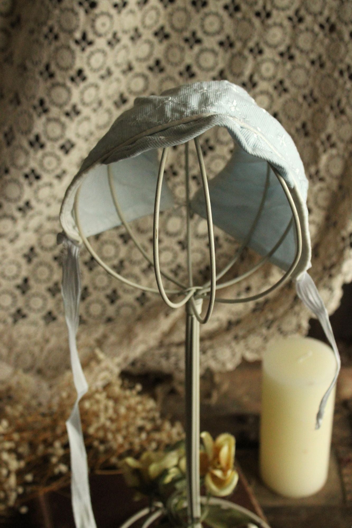 Vintage 1950s Pale Blue Embroidered Cotton Baby Bonnet