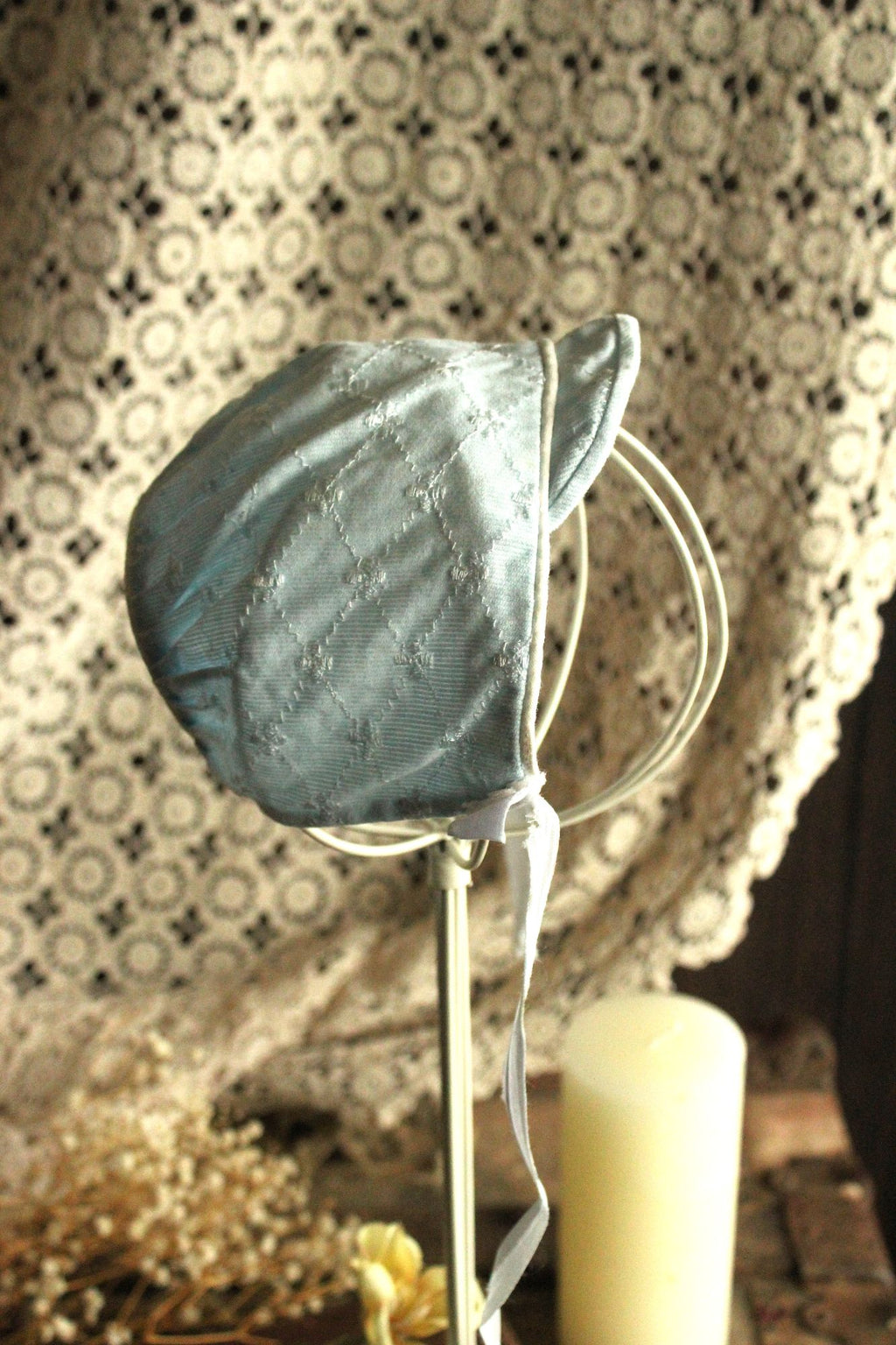 Vintage 1950s Pale Blue Embroidered Cotton Baby Bonnet