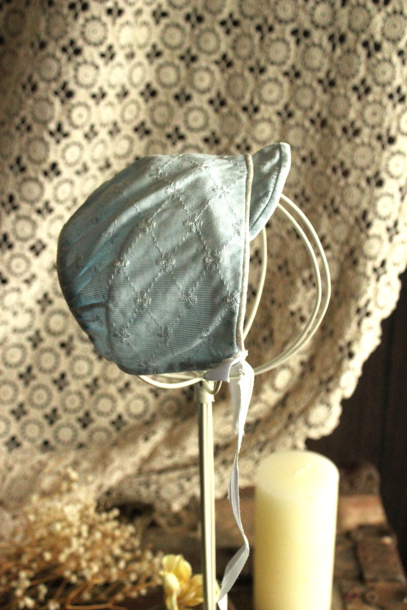 Vintage 1950s Pale Blue Embroidered Cotton Baby Bonnet