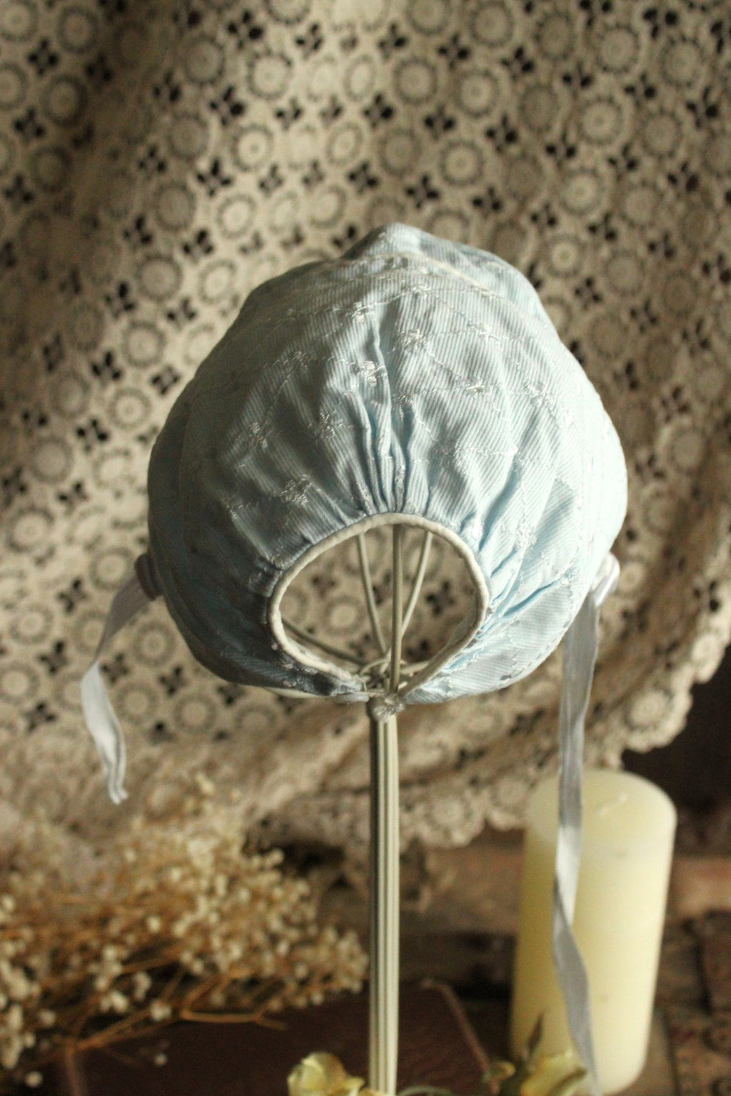 Vintage 1950s Pale Blue Embroidered Cotton Baby Bonnet