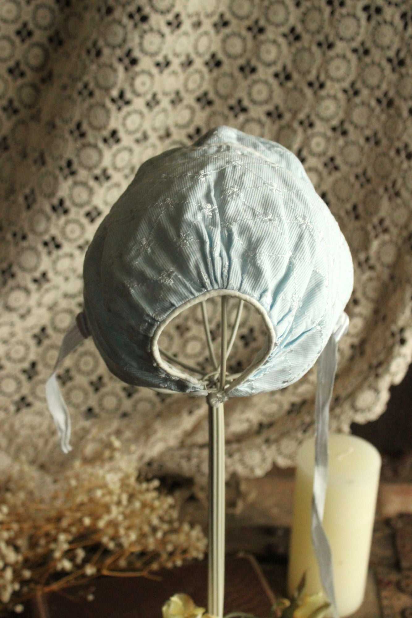 Vintage 1950s Pale Blue Embroidered Cotton Baby Bonnet