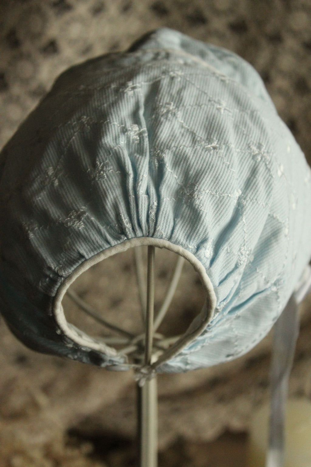 Vintage 1950s Pale Blue Embroidered Cotton Baby Bonnet